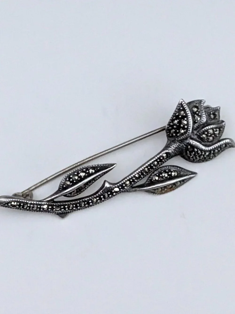 Beautiful Vintage Designer Sterling Silver 925 Marcasite Rose Flower Brooch Pin